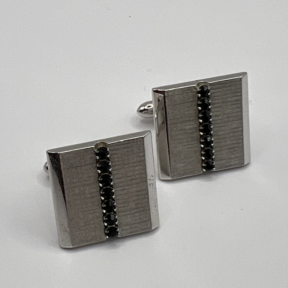 Vintage Swank‎ Cuff Links Square Silver Tone Black Stone
